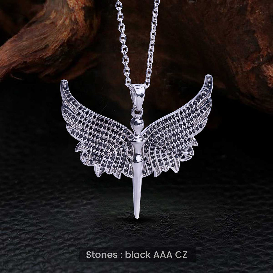 Angel Necklace with Wings Black CZ Diamonds Sterling Silver