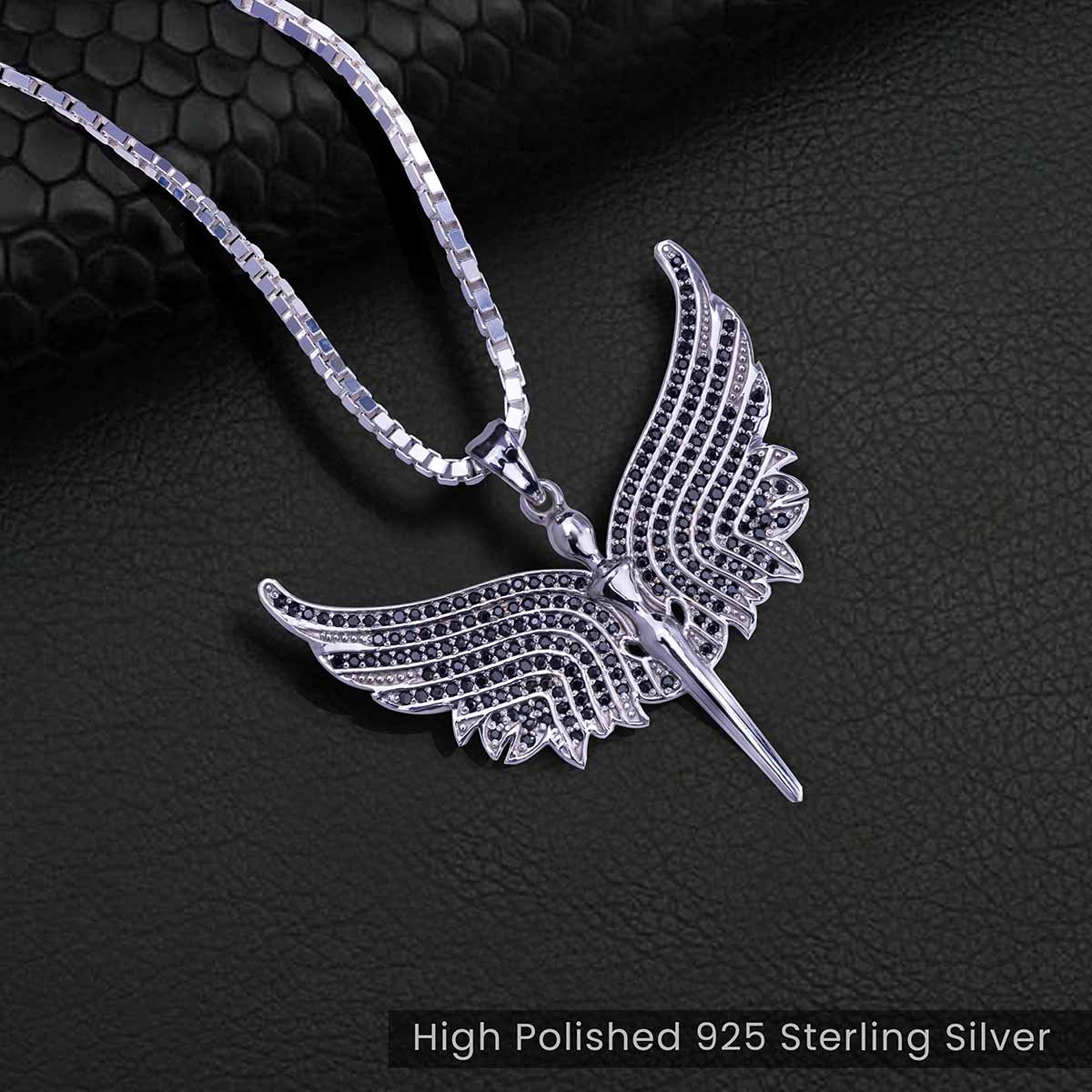 Angel Necklace with Wings Black CZ Diamonds Sterling Silver