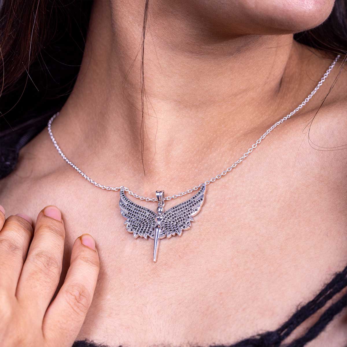 Angel Necklace with Wings Black CZ Diamonds Sterling Silver