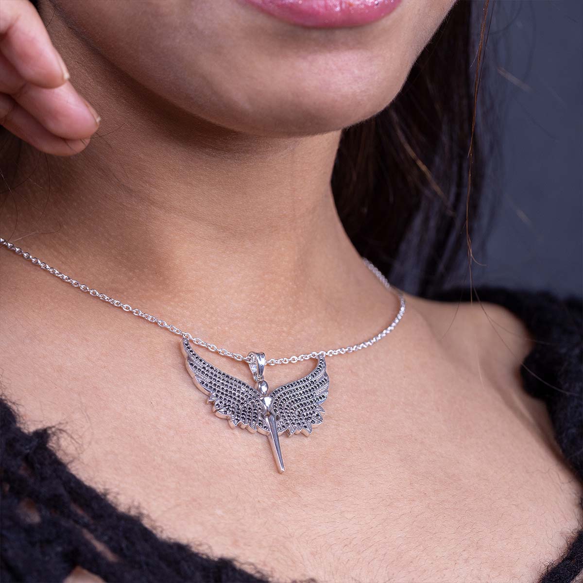 Angel Necklace with Wings Black CZ Diamonds Sterling Silver