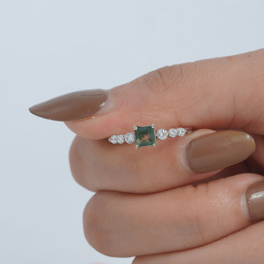 Princess Cut Natural Moss Agate Ring Spiritual Engagement Ring
