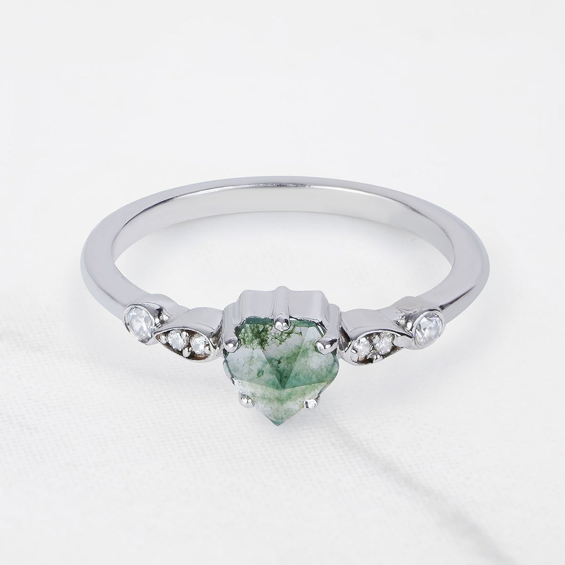 Pentagon Rose Cut Natural Moss Agate Ring Solid 14k White Gold