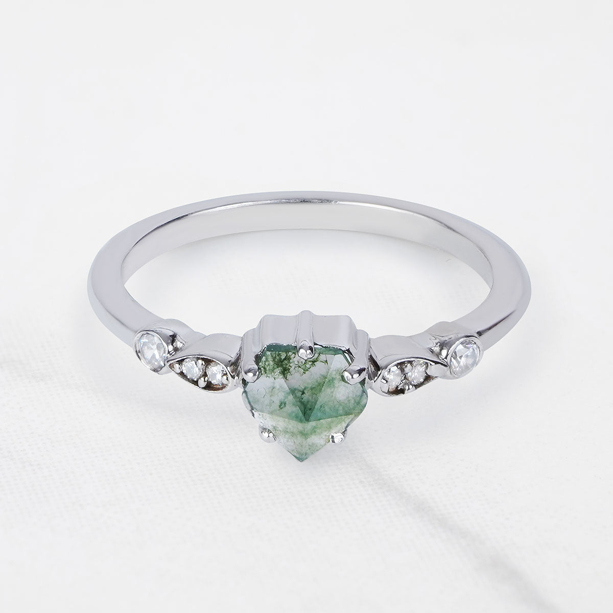 Pentagon Rose Cut Natural Moss Agate Ring Solid 14k White Gold
