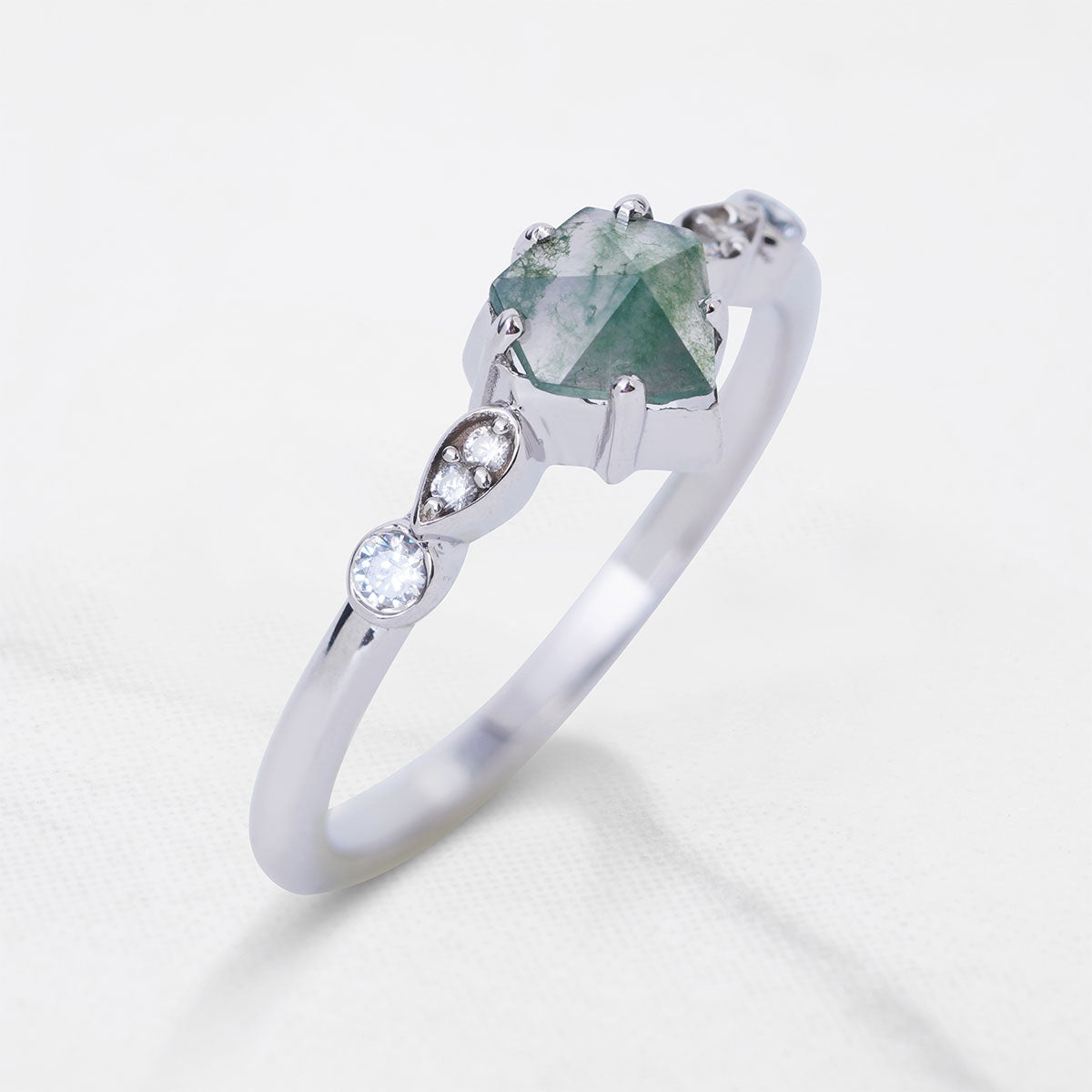 Pentagon Rose Cut Natural Moss Agate Ring Solid 14k White Gold