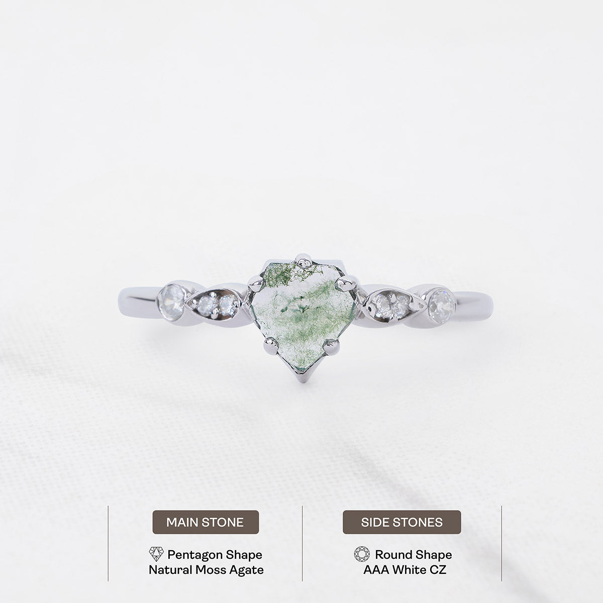 Pentagon Rose Cut Natural Moss Agate Ring Solid 14k White Gold