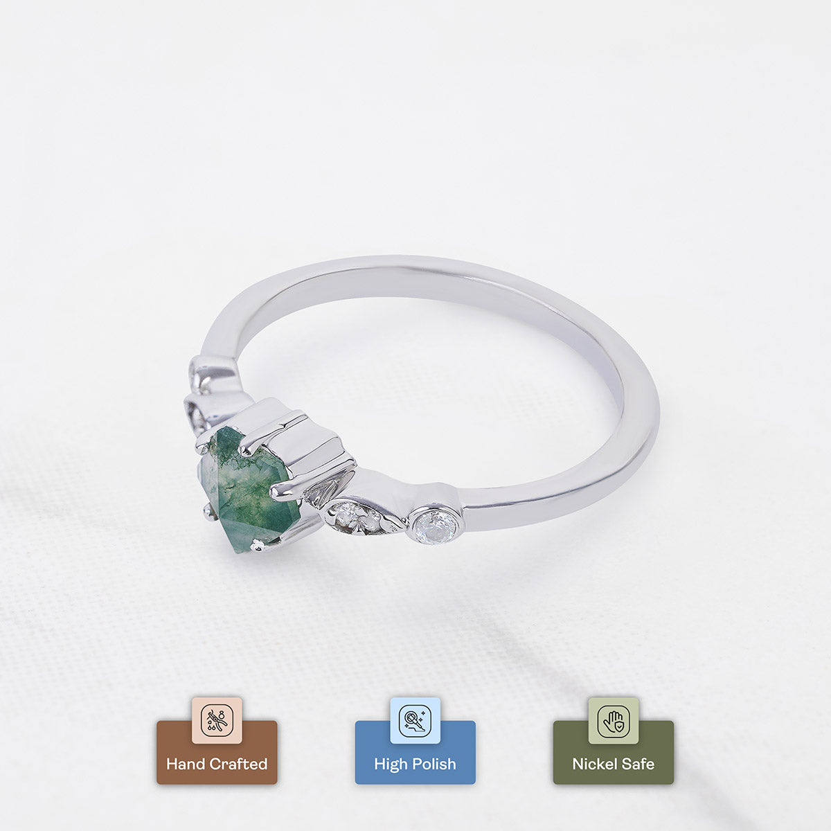 Pentagon Rose Cut Natural Moss Agate Ring Solid 14k White Gold