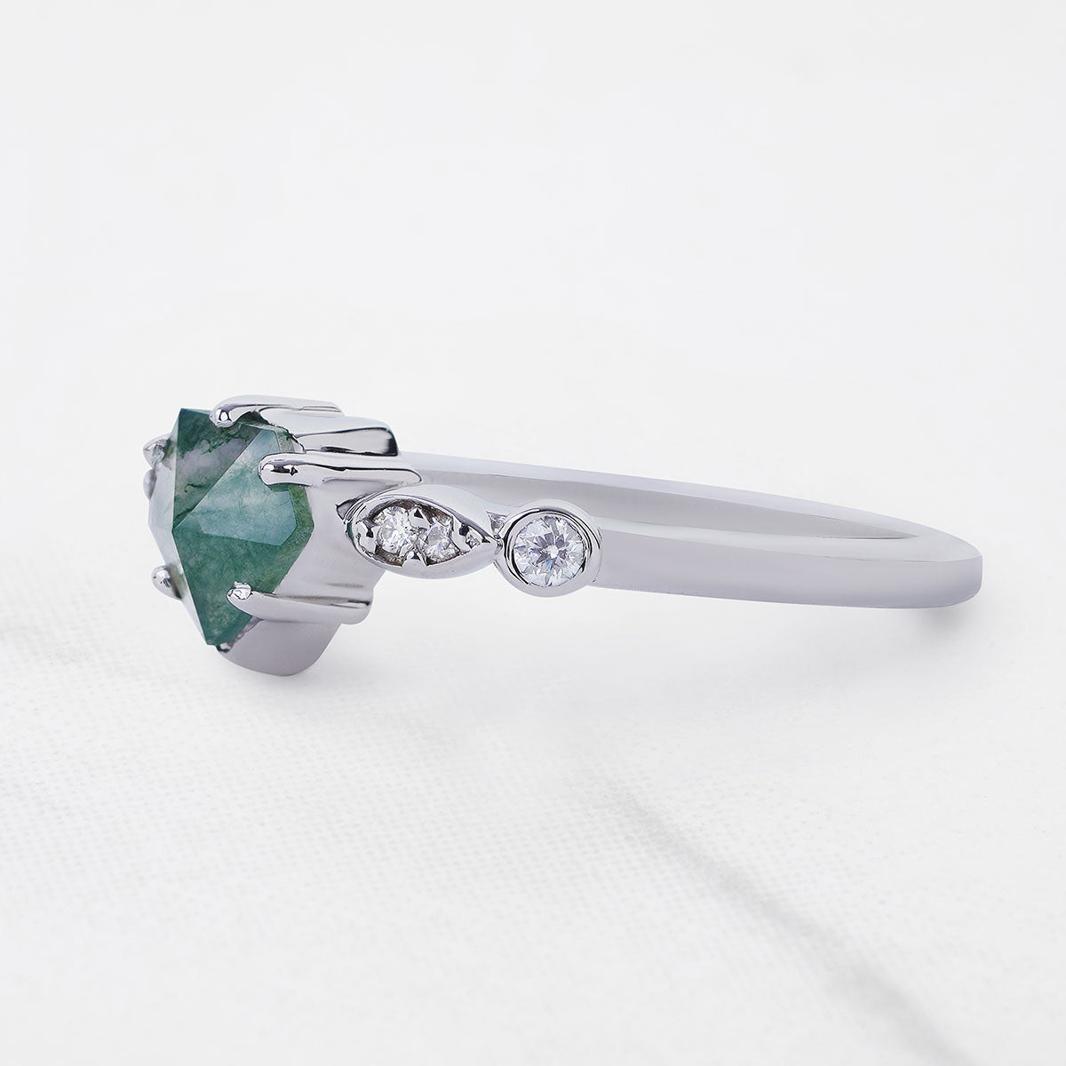 Pentagon Rose Cut Natural Moss Agate Ring Solid 14k White Gold