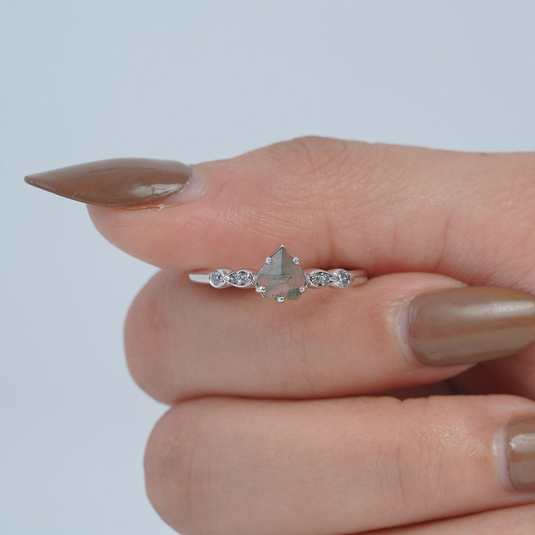 Pentagon Rose Cut Natural Moss Agate Ring Solid 14k White Gold