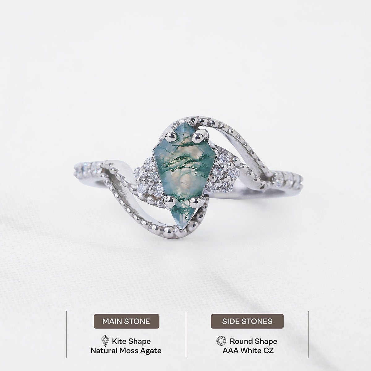 Kite Cut Moss Agate Engagement Ring Art Deco Vintage Jewelry