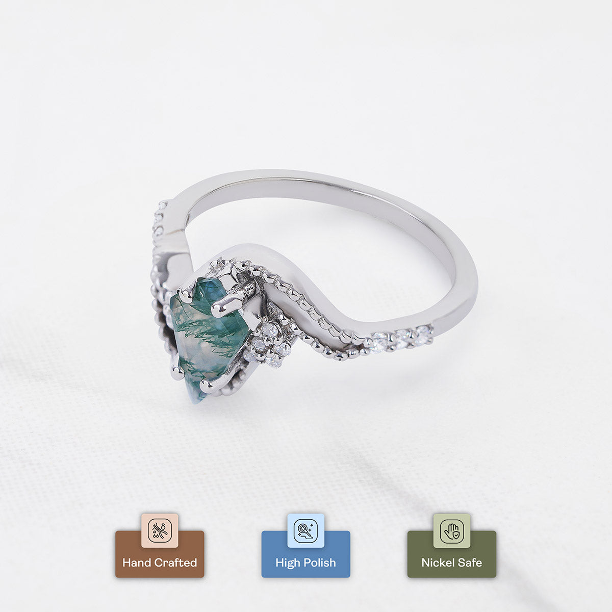 Kite Cut Moss Agate Engagement Ring Art Deco Vintage Jewelry