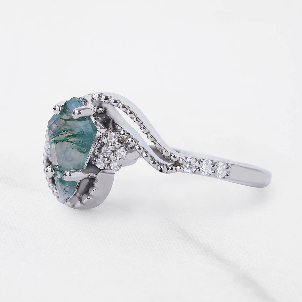 Kite Cut Moss Agate Engagement Ring Art Deco Vintage Jewelry
