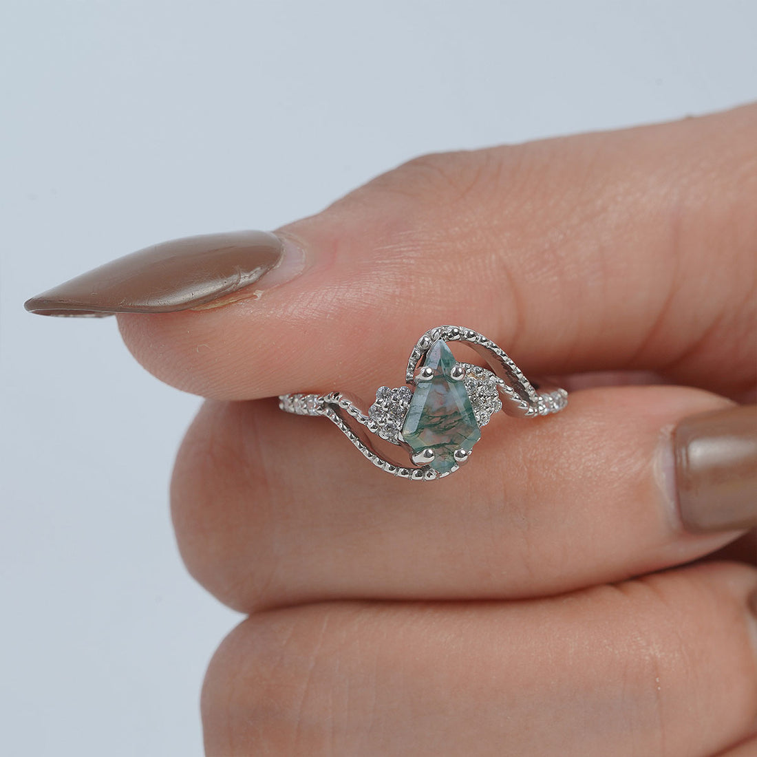 Kite Cut Moss Agate Engagement Ring Art Deco Vintage Jewelry