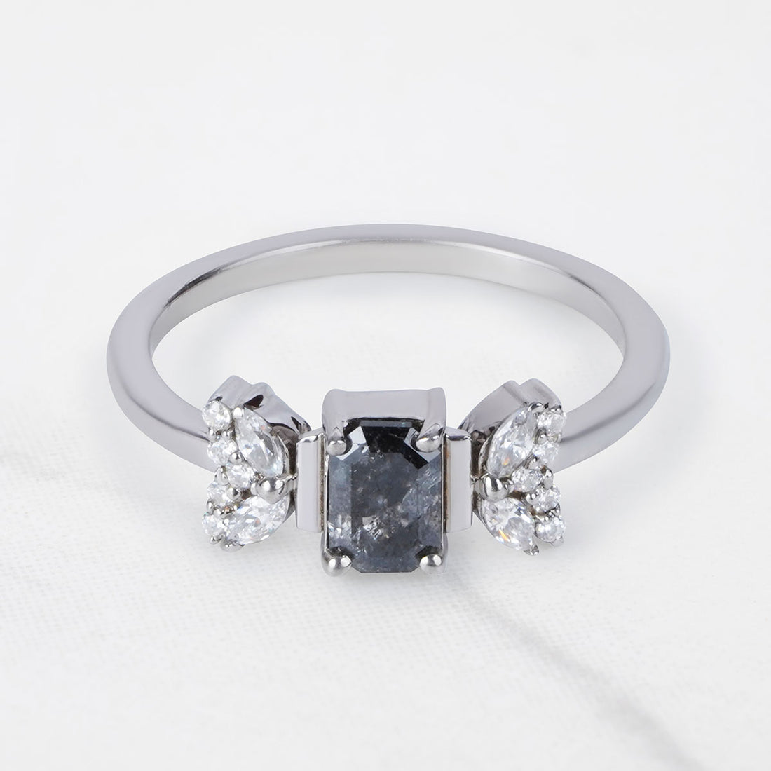 Emerald Cut Salt and Pepper Diamond Ring Galaxy Diamond Ring