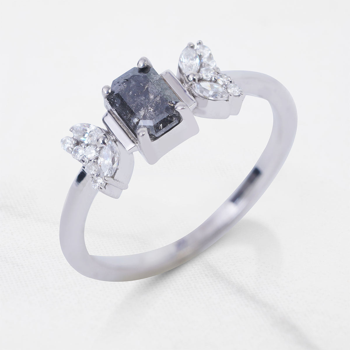 Emerald Cut Salt and Pepper Diamond Ring Galaxy Diamond Ring
