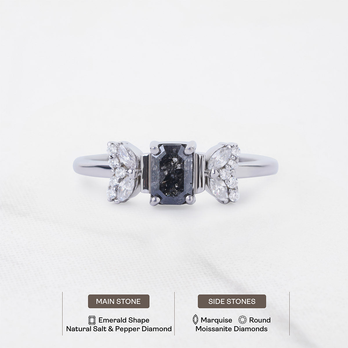 Emerald Cut Salt and Pepper Diamond Ring Galaxy Diamond Ring