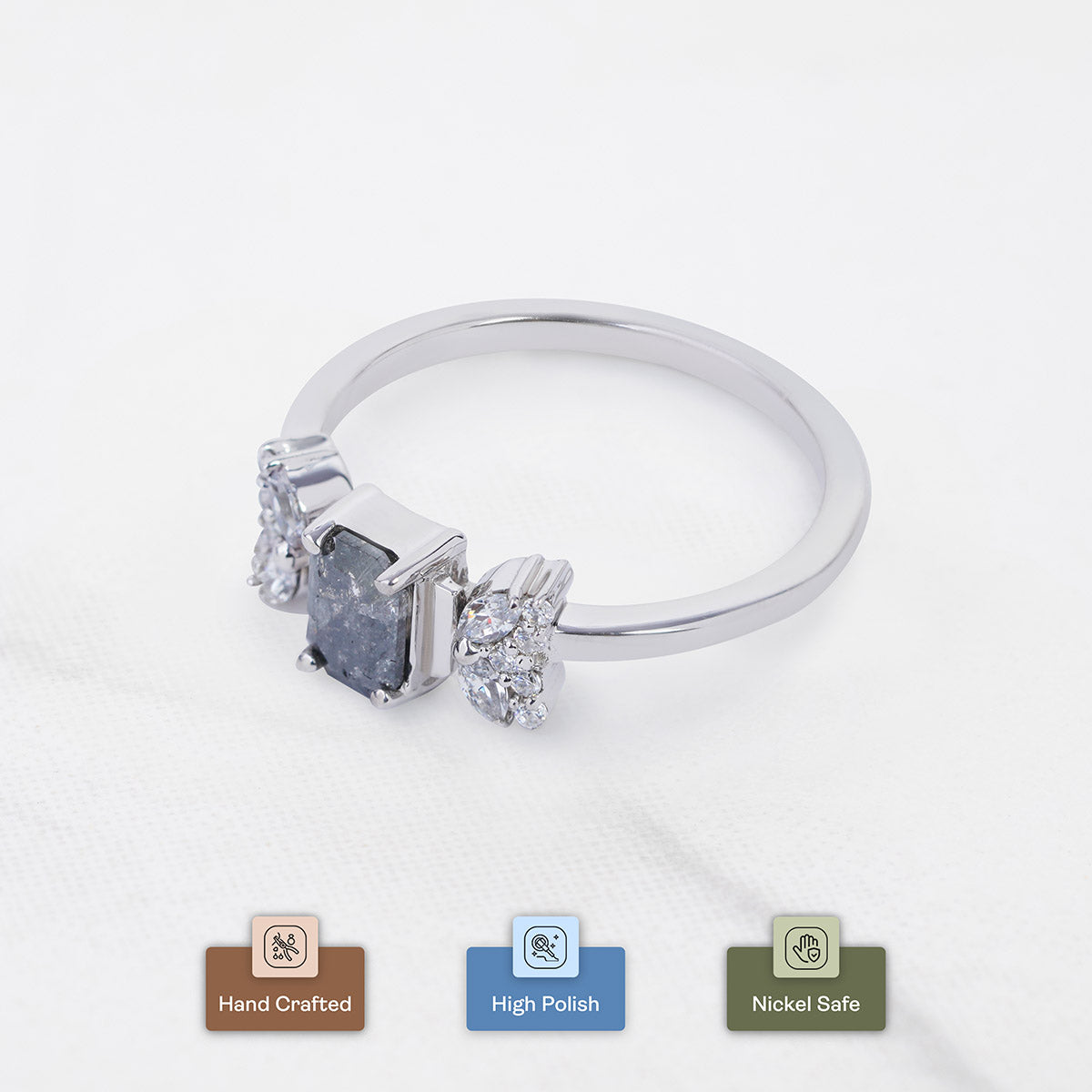 Emerald Cut Salt and Pepper Diamond Ring Galaxy Diamond Ring