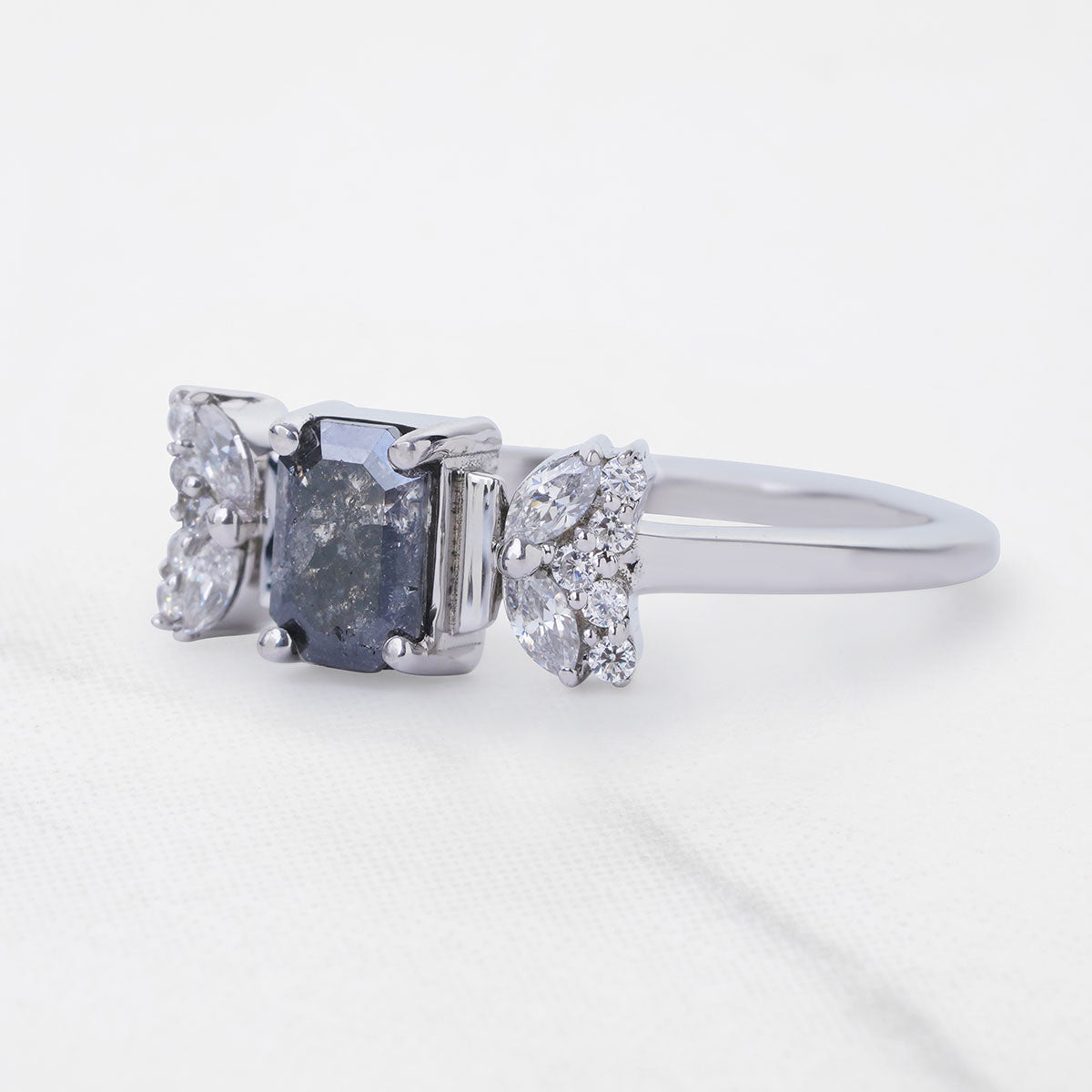 Emerald Cut Salt and Pepper Diamond Ring Galaxy Diamond Ring