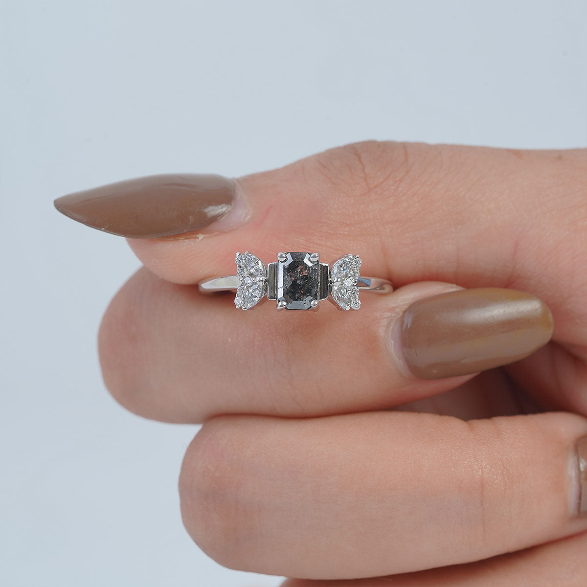 Emerald Cut Salt and Pepper Diamond Ring Galaxy Diamond Ring