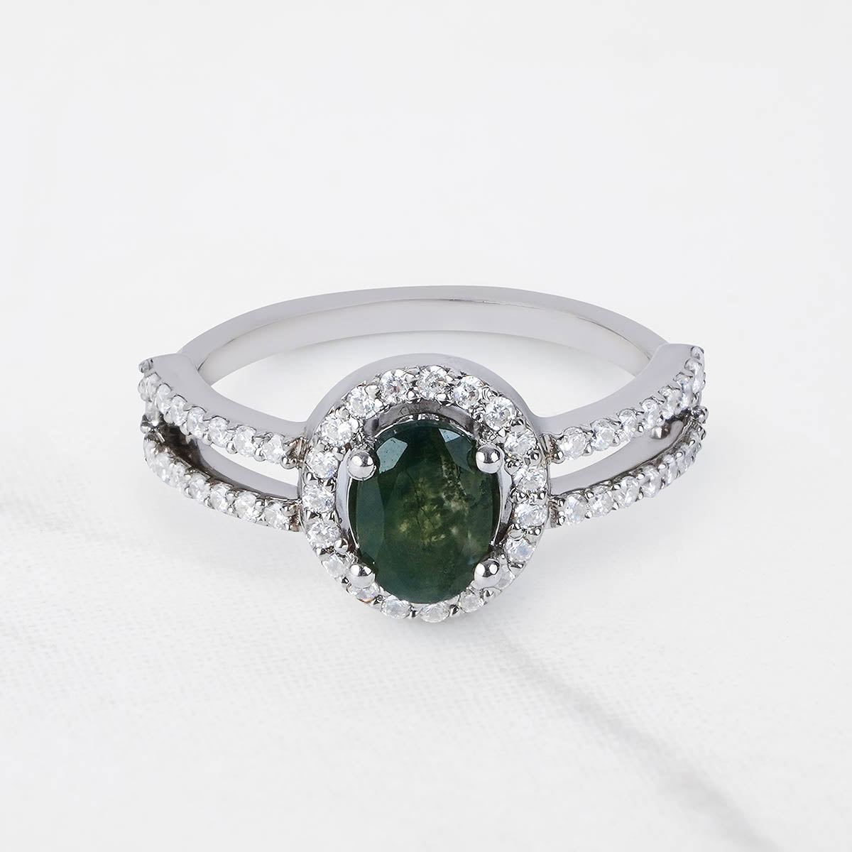 Oval Moss Agate Halo Ring Healing Gemstone Nature Jewelry