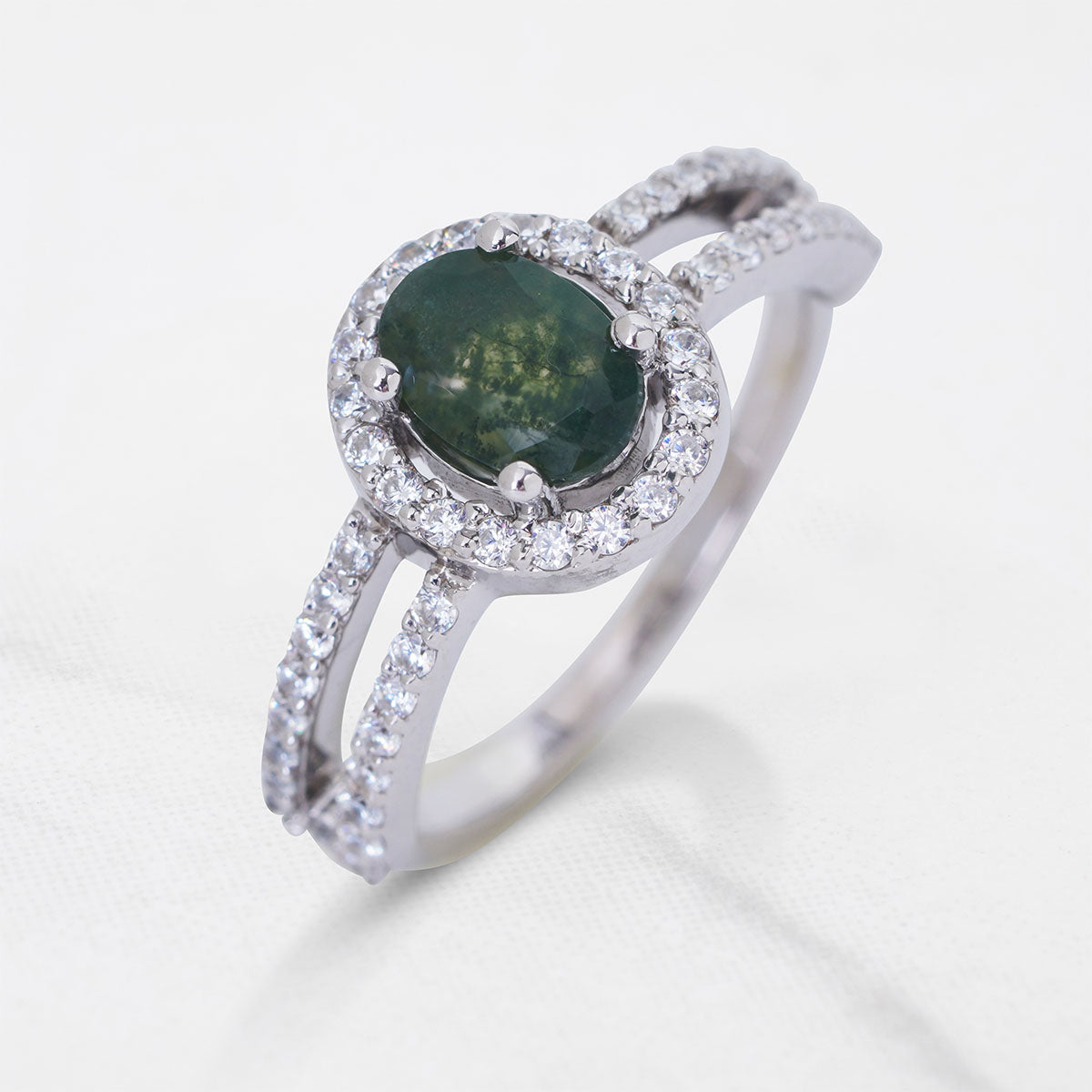 Oval Moss Agate Halo Ring Healing Gemstone Nature Jewelry