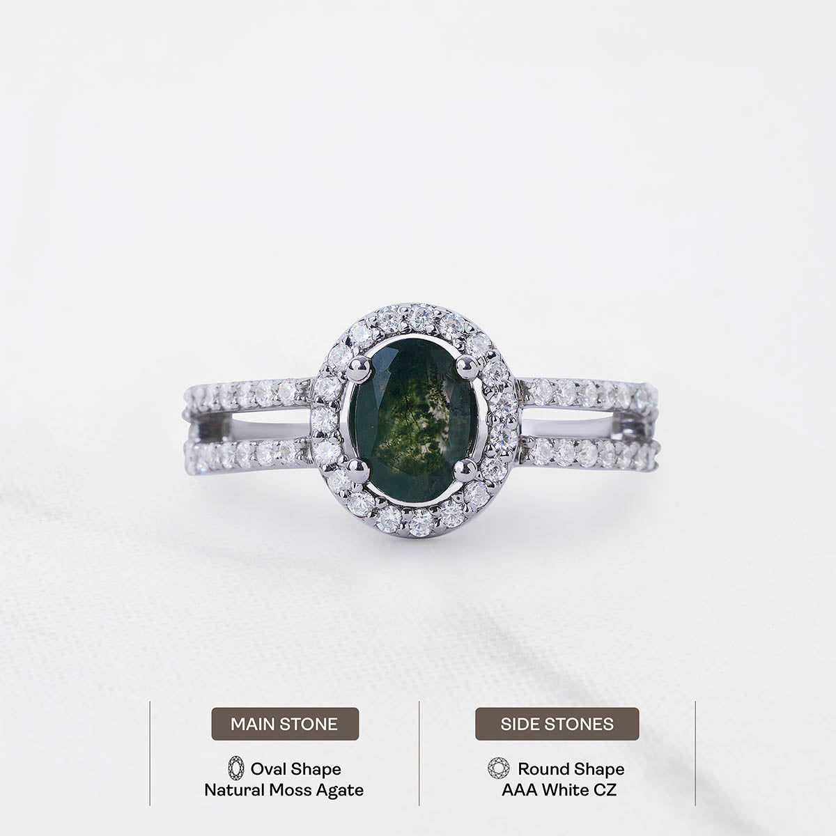 Oval Moss Agate Halo Ring Healing Gemstone Nature Jewelry