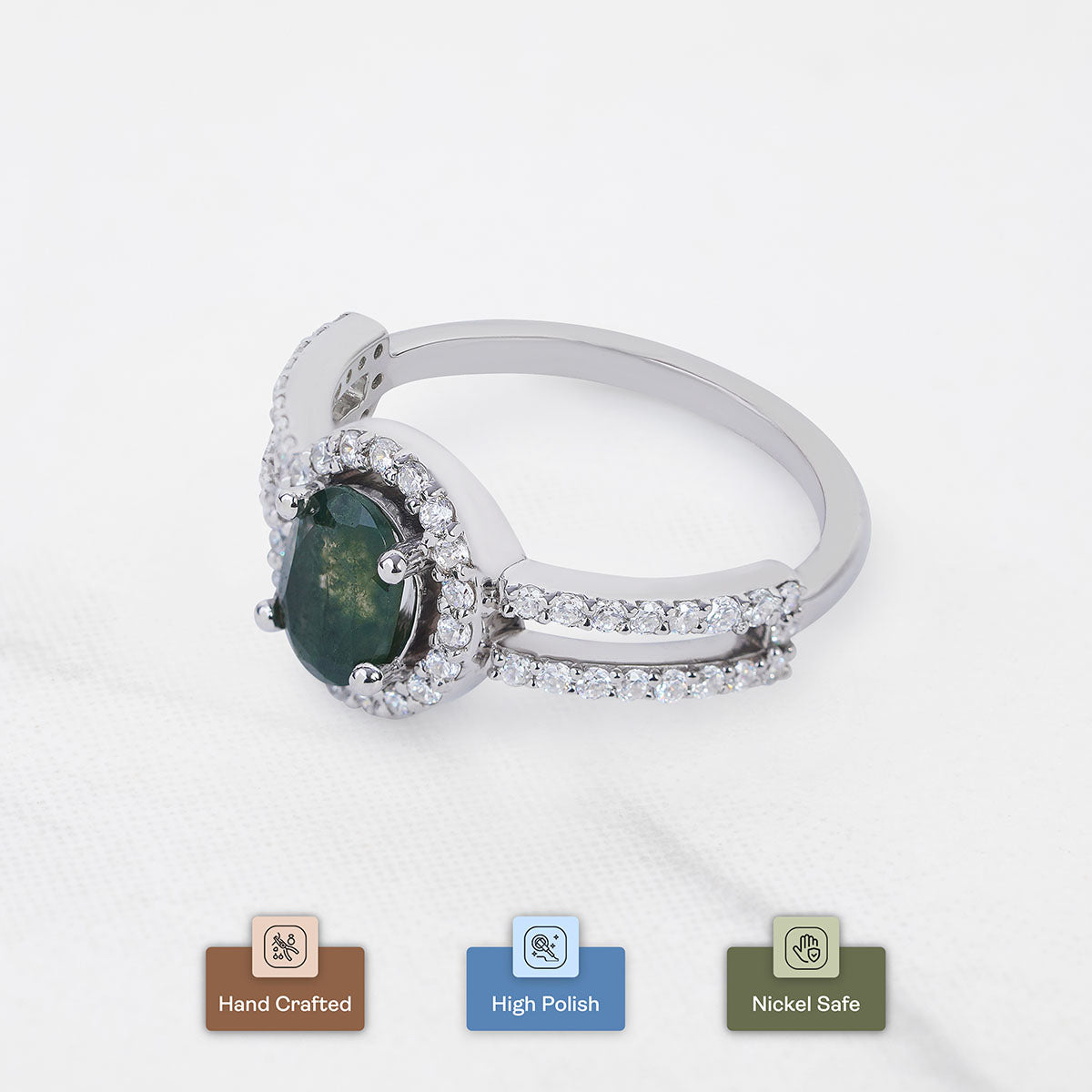 Oval Moss Agate Halo Ring Healing Gemstone Nature Jewelry