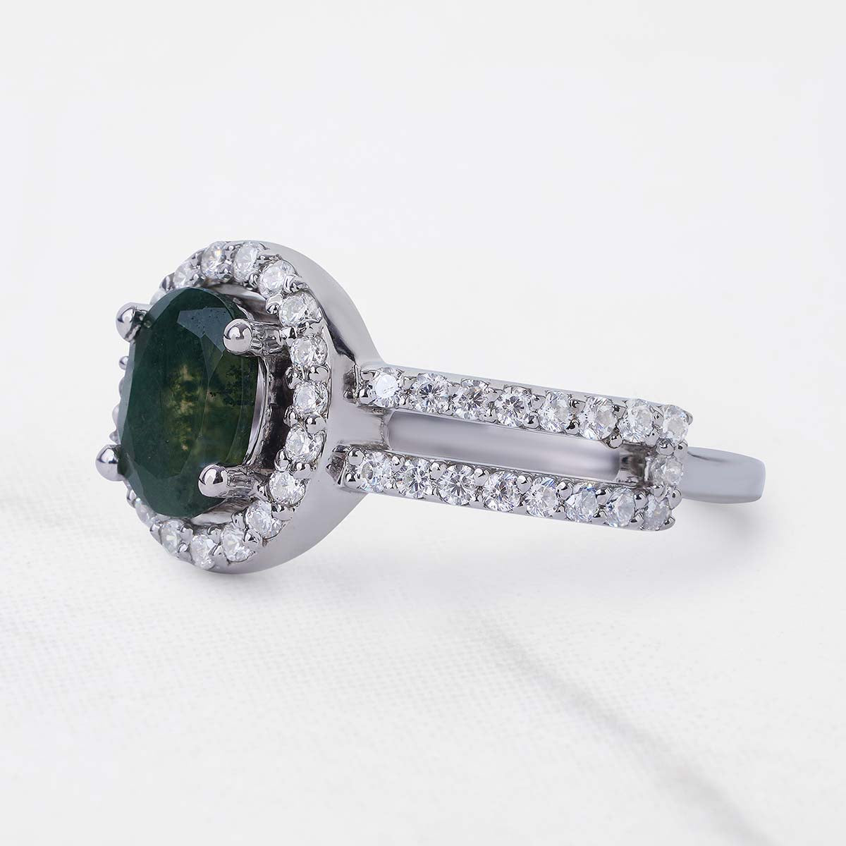 Oval Moss Agate Halo Ring Healing Gemstone Nature Jewelry