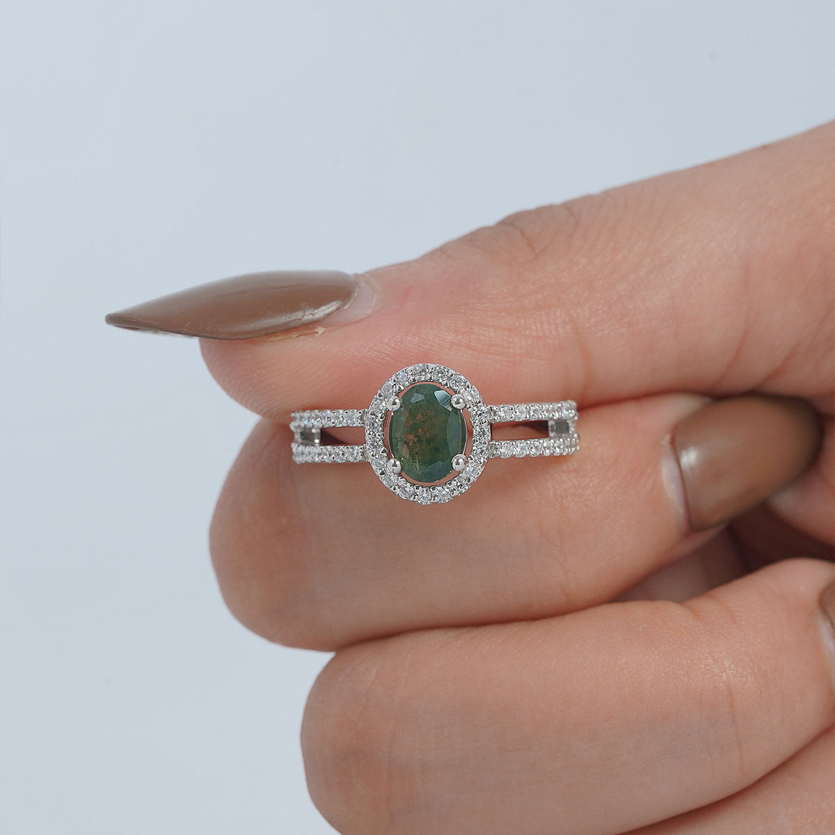 Oval Moss Agate Halo Ring Healing Gemstone Nature Jewelry