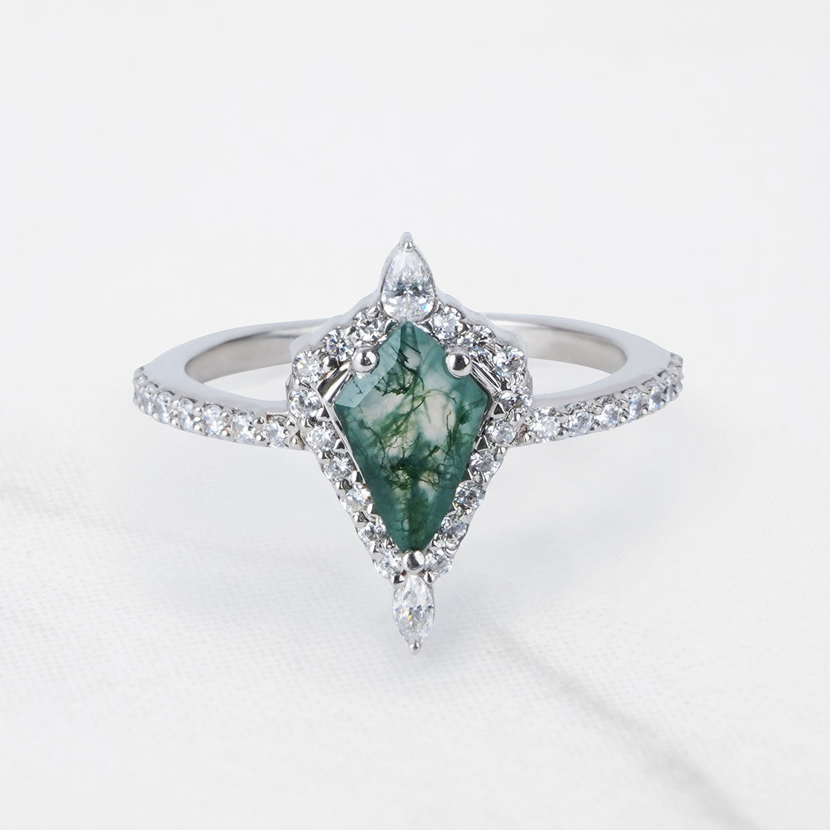 Halo Kite Cut Moss Agate Ring Nature Inspired Engagement Ring