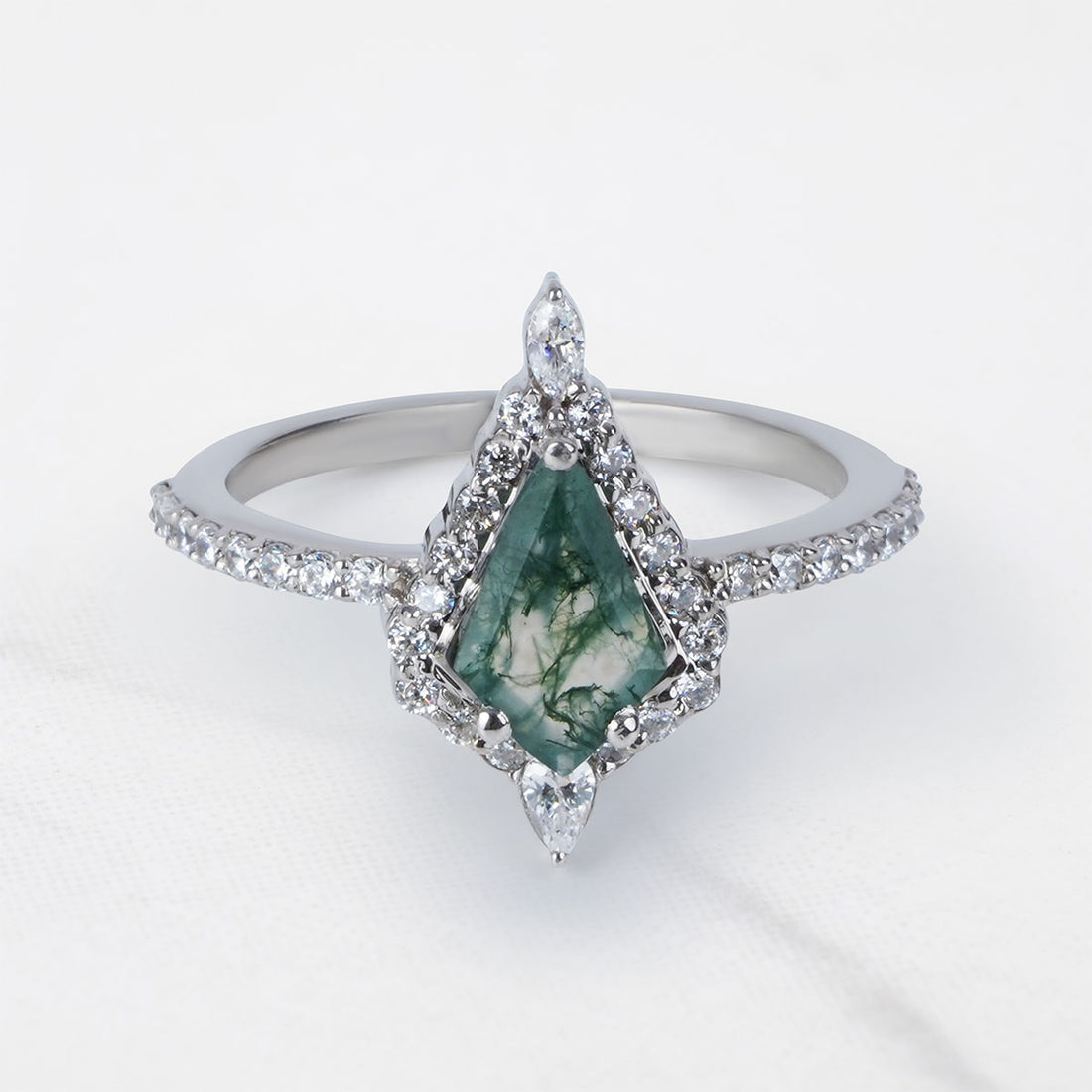 Halo Kite Cut Moss Agate Ring Nature Inspired Engagement Ring