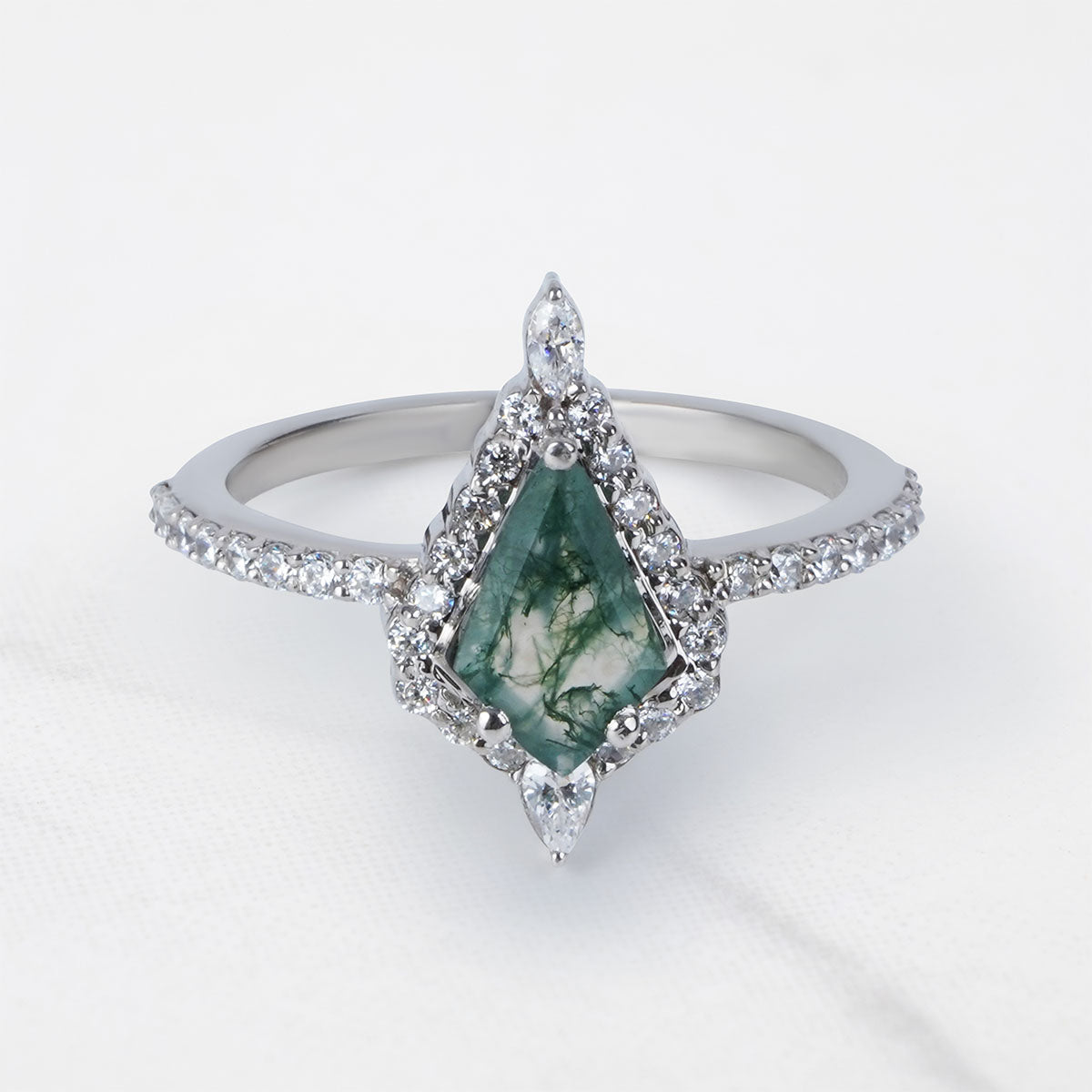 Halo Kite Cut Moss Agate Ring Nature Inspired Engagement Ring