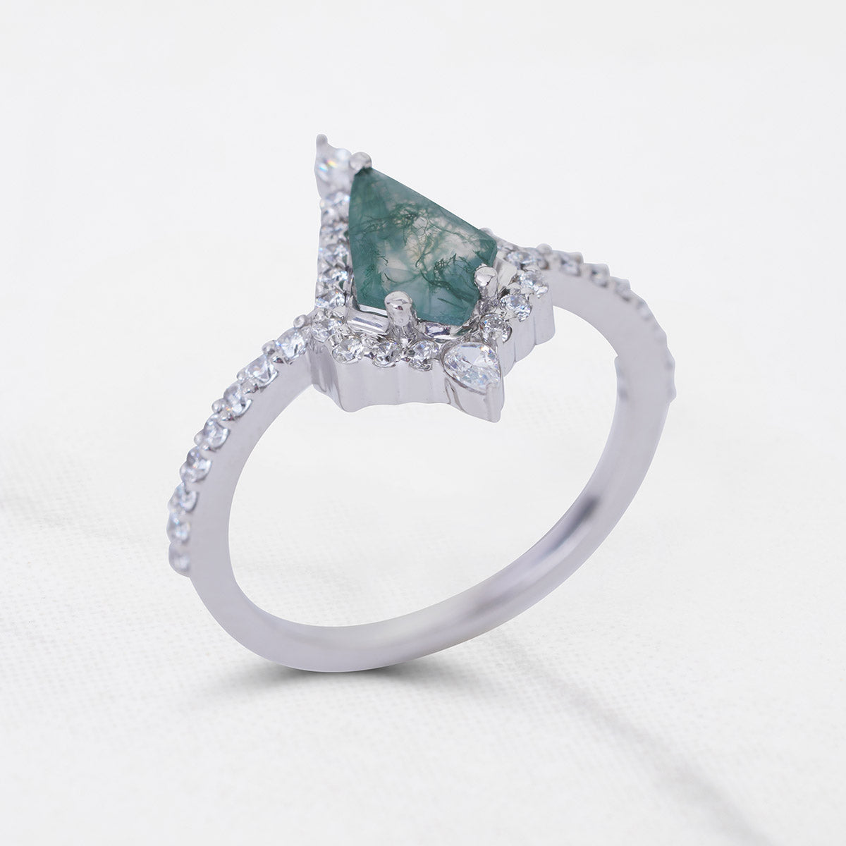Halo Kite Cut Moss Agate Ring Nature Inspired Engagement Ring