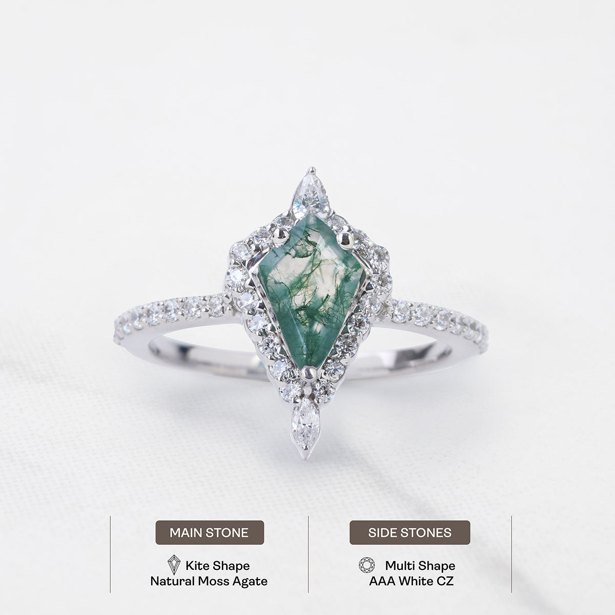 Halo Kite Cut Moss Agate Ring Nature Inspired Engagement Ring