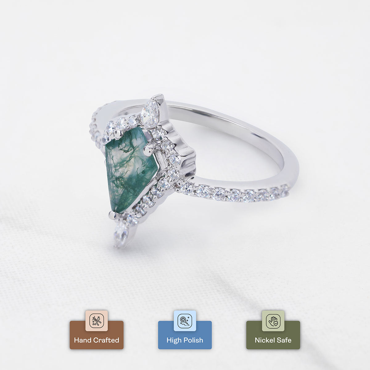 Halo Kite Cut Moss Agate Ring Nature Inspired Engagement Ring