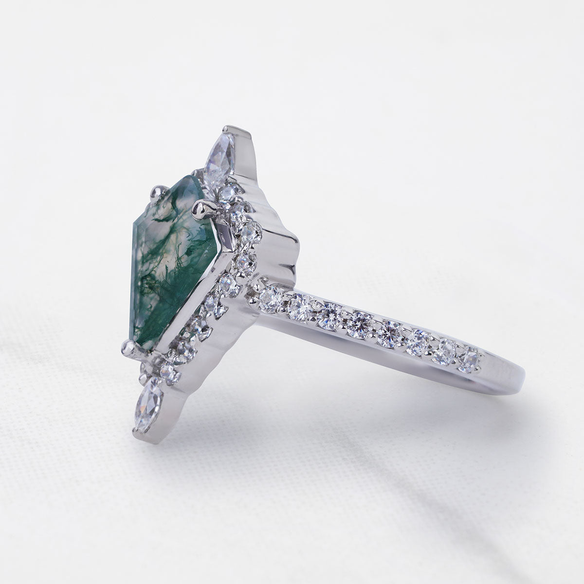 Halo Kite Cut Moss Agate Ring Nature Inspired Engagement Ring