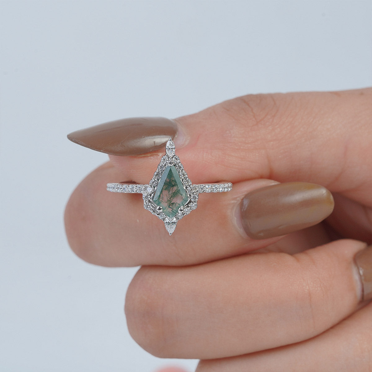 Halo Kite Cut Moss Agate Ring Nature Inspired Engagement Ring