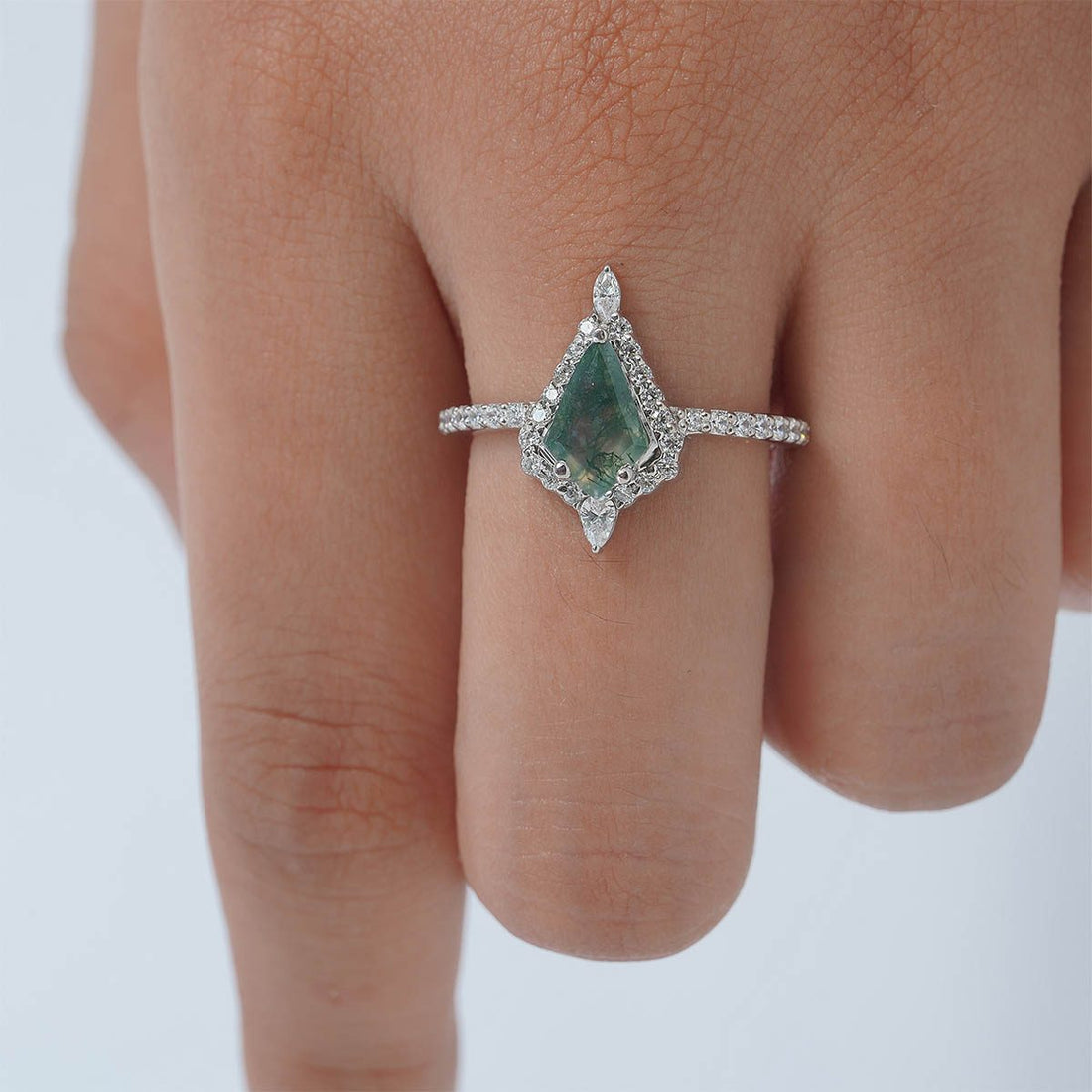 Halo Kite Cut Moss Agate Ring Nature Inspired Engagement Ring