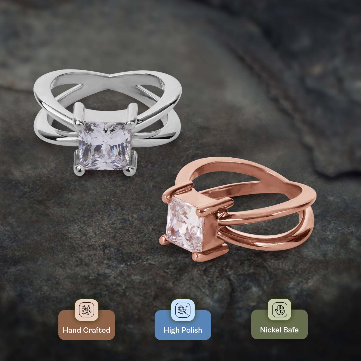 Princess Cut Cubic Zirconia Moissanite Diamond Engagement Ring Criss Cross X Design