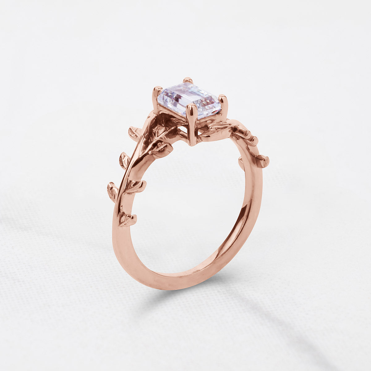Emerald Cut Solitaire Moissanite Leaf Vine Nature Wedding Promise Engagement Ring Rose Gold White Gold