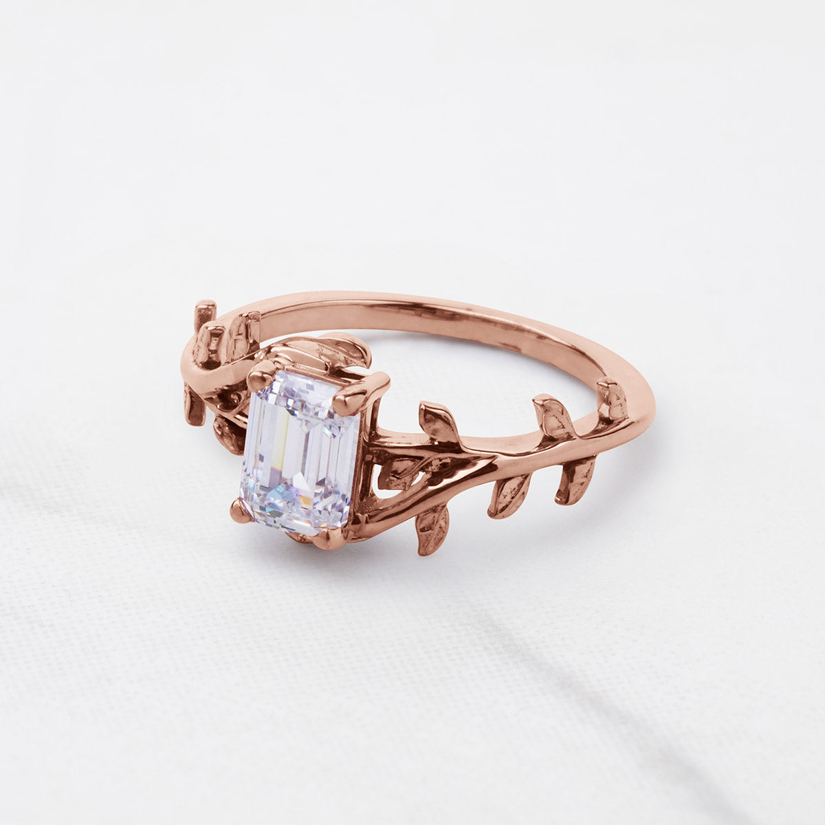 Emerald Cut Solitaire Moissanite Leaf Vine Nature Wedding Promise Engagement Ring Rose Gold White Gold