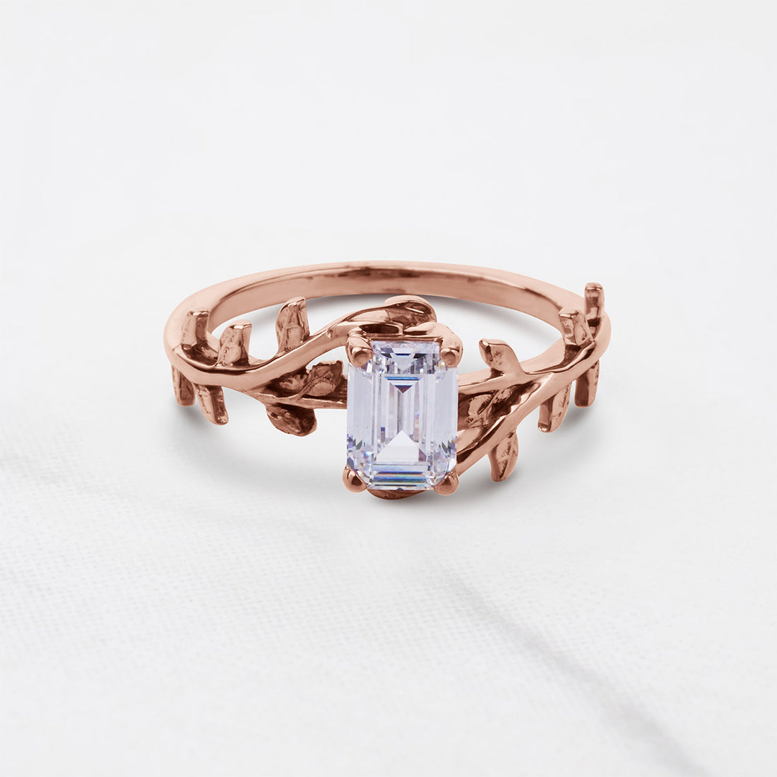 Emerald Cut Solitaire Moissanite Leaf Vine Nature Wedding Promise Engagement Ring Rose Gold White Gold