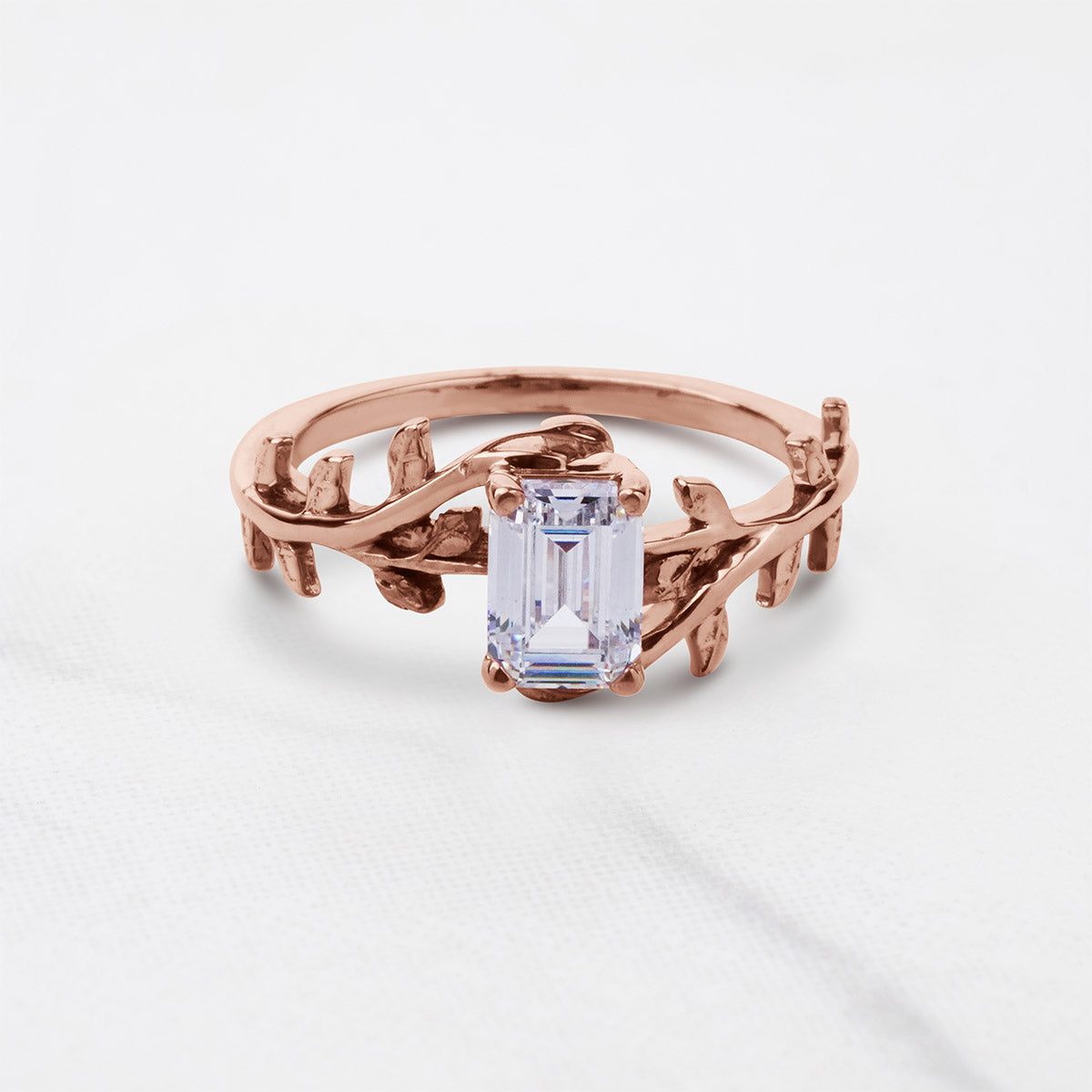 Emerald Cut Solitaire Moissanite Leaf Vine Nature Wedding Promise Engagement Ring Rose Gold White Gold