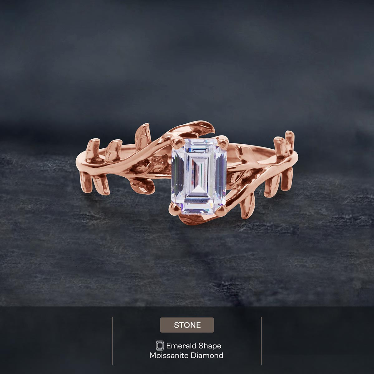 Emerald Cut Solitaire Moissanite Leaf Vine Nature Wedding Promise Engagement Ring Rose Gold White Gold