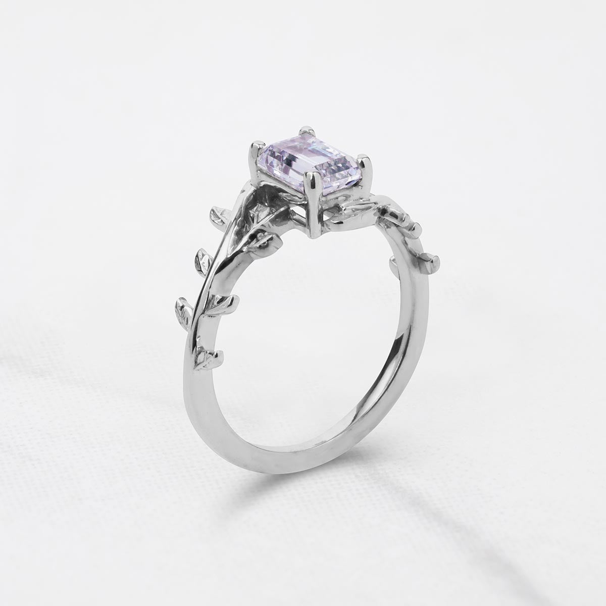 Emerald Cut Solitaire Moissanite Leaf Vine Nature Wedding Promise Engagement Ring Rose Gold White Gold