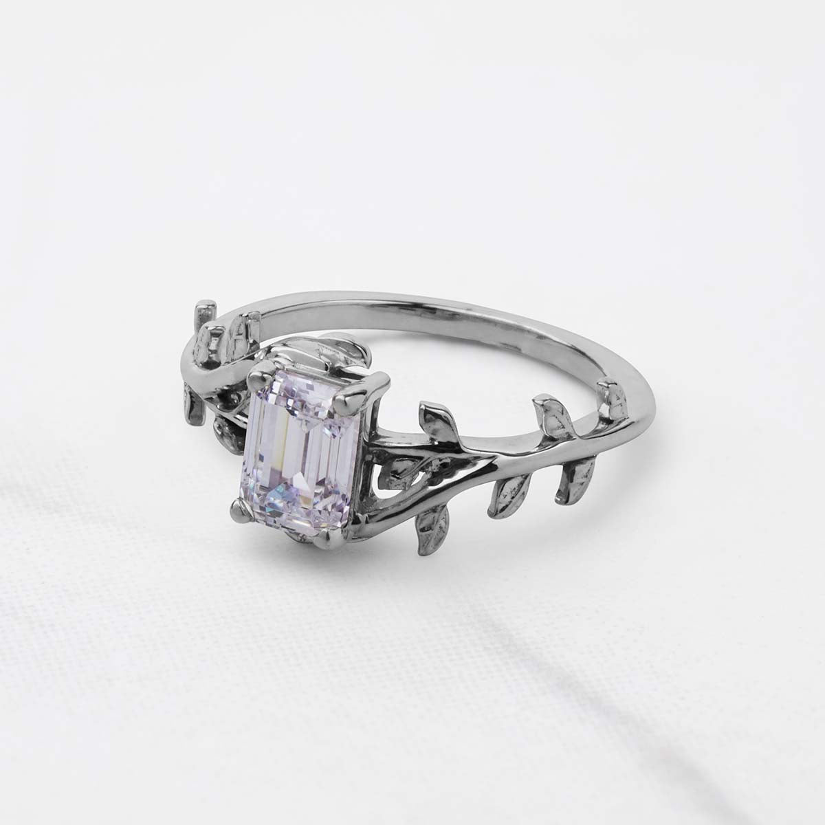 Emerald Cut Solitaire Moissanite Leaf Vine Nature Wedding Promise Engagement Ring Rose Gold White Gold