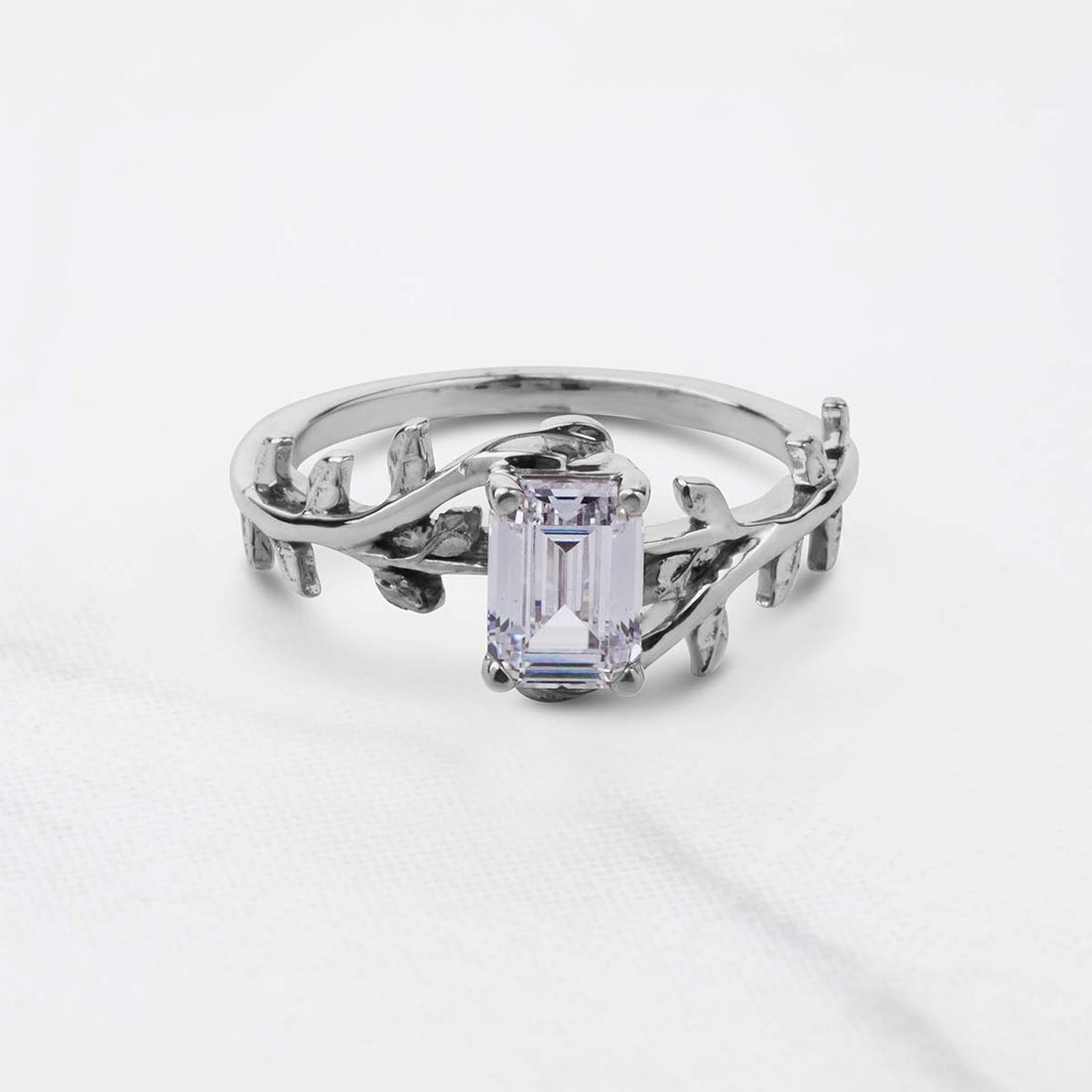 Emerald Cut Solitaire Moissanite Leaf Vine Nature Wedding Promise Engagement Ring Rose Gold White Gold