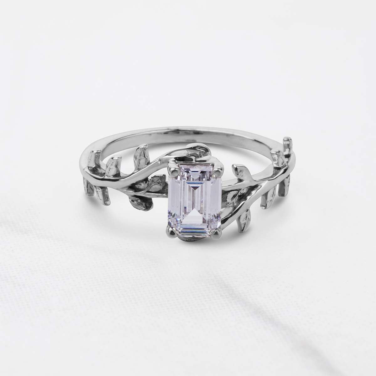Emerald Cut Solitaire Moissanite Leaf Vine Nature Wedding Promise Engagement Ring Rose Gold White Gold