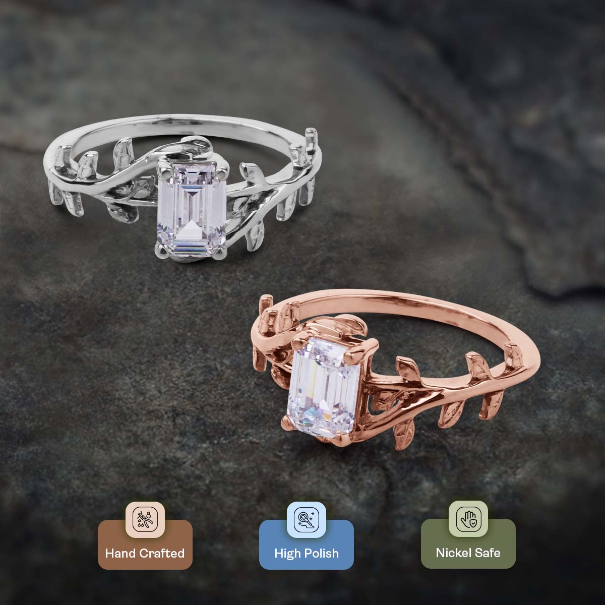 Emerald Cut Solitaire Moissanite Leaf Vine Nature Wedding Promise Engagement Ring Rose Gold White Gold