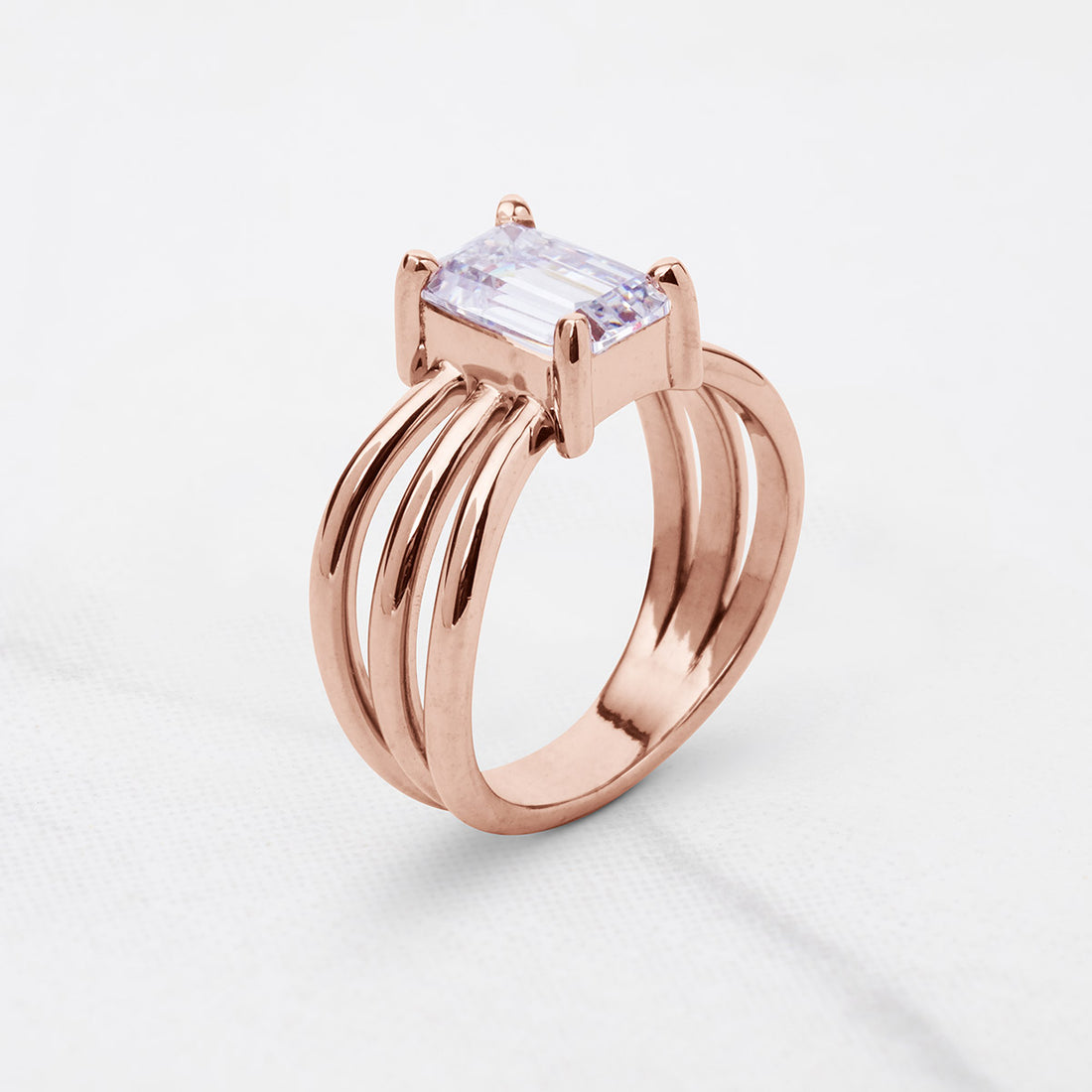 Emerald Cut Solitaire Moissanite Multi Layer Promise Engagement Wedding Ring Rose Gold