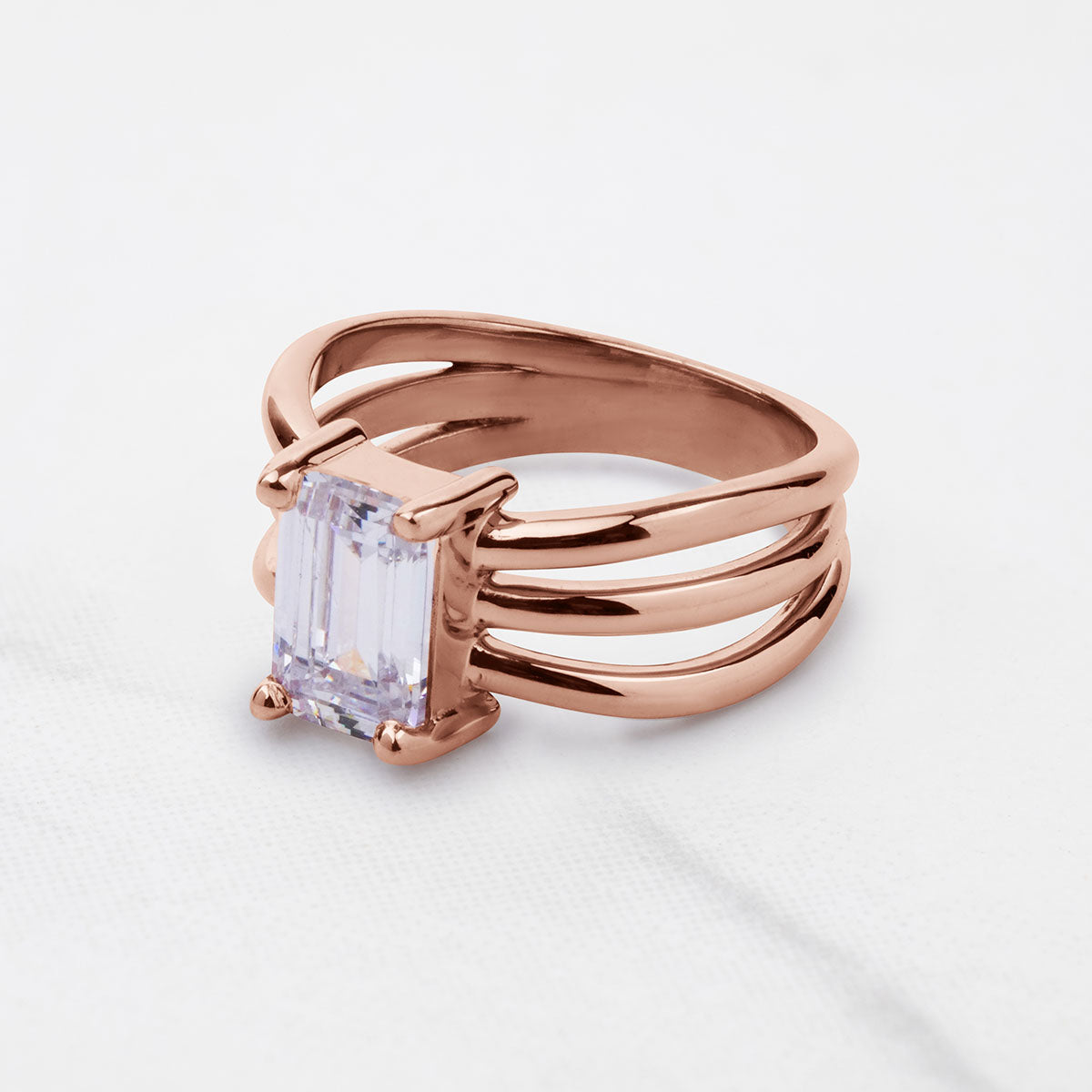 Emerald Cut Solitaire Moissanite Multi Layer Promise Engagement Wedding Ring Rose Gold